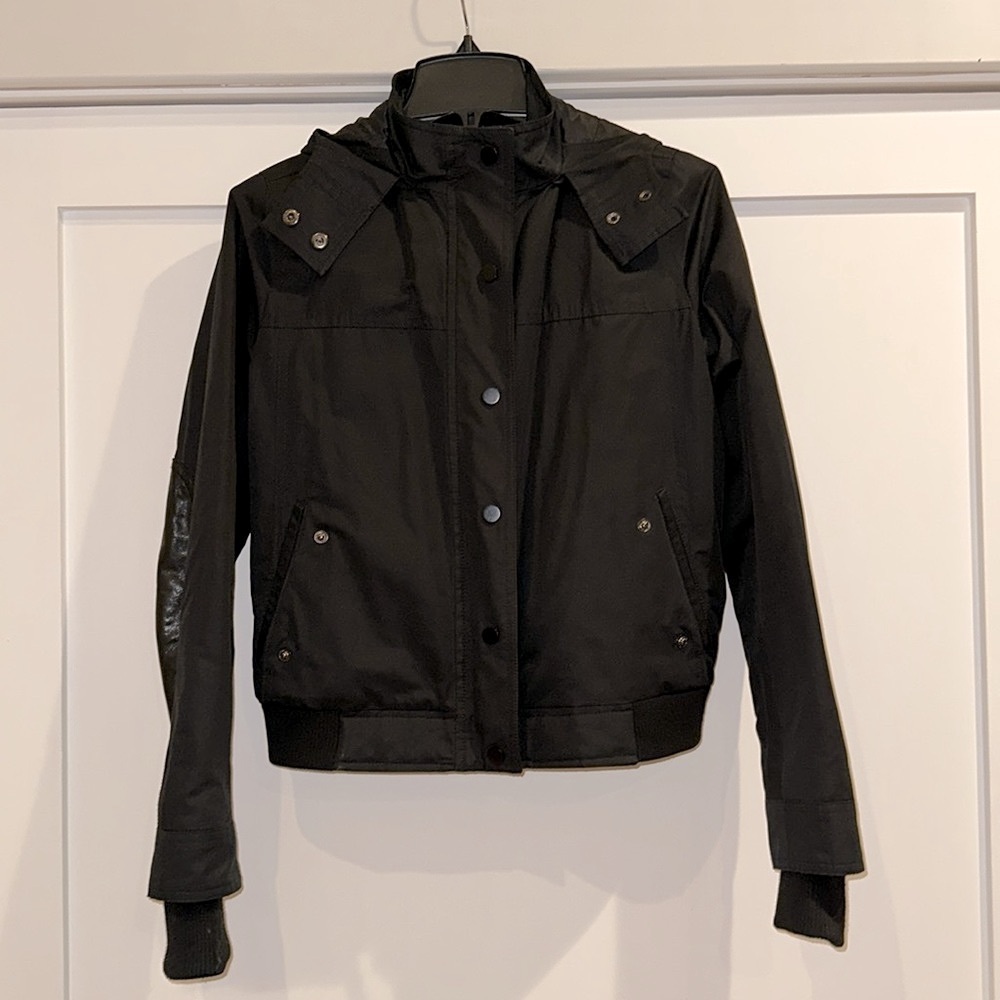 VINCE Black Women's Bomber Jacket with leather trim and attached hood